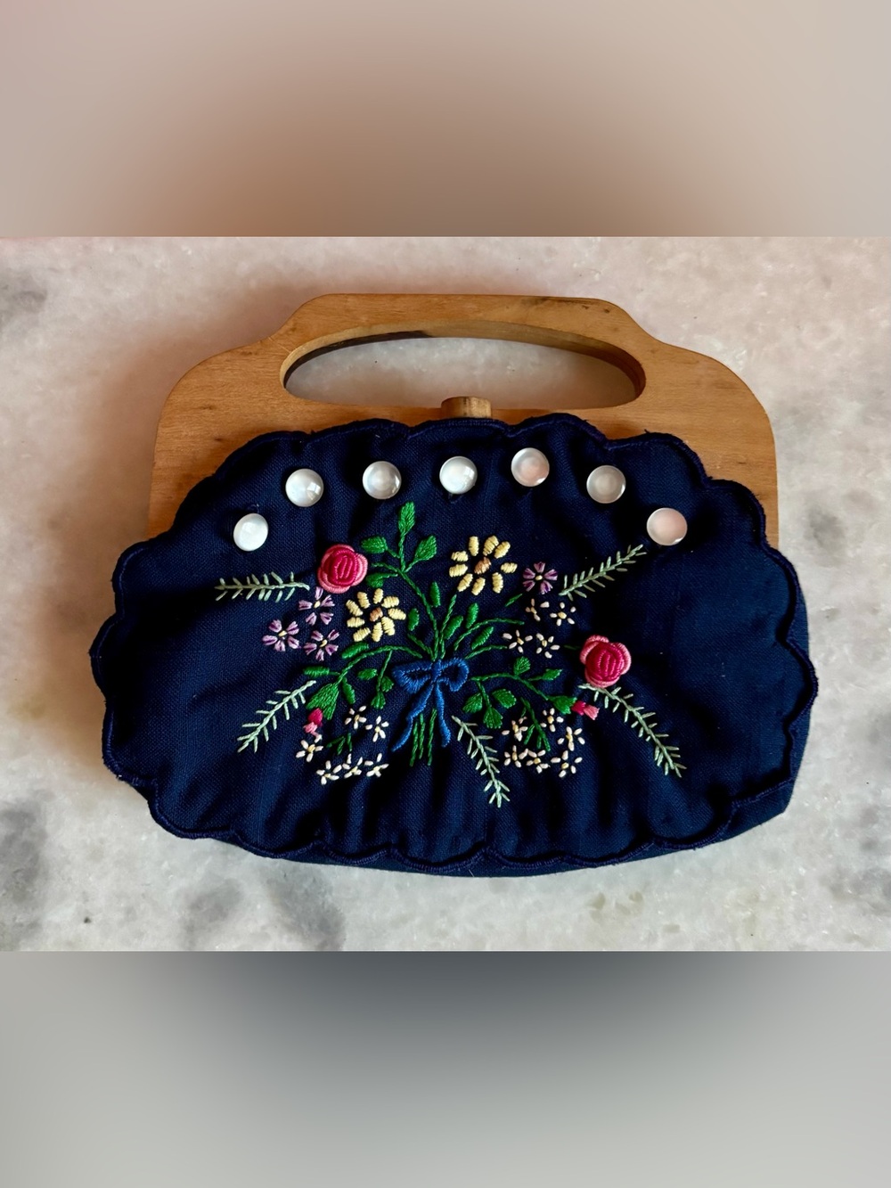 Vintage Navy Embroidered Bermuda Bag Wood Handle Mother of Pearl Buttons